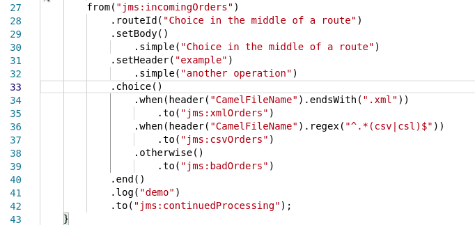 Example to fold choice Camel route in Java Editor of VS Code