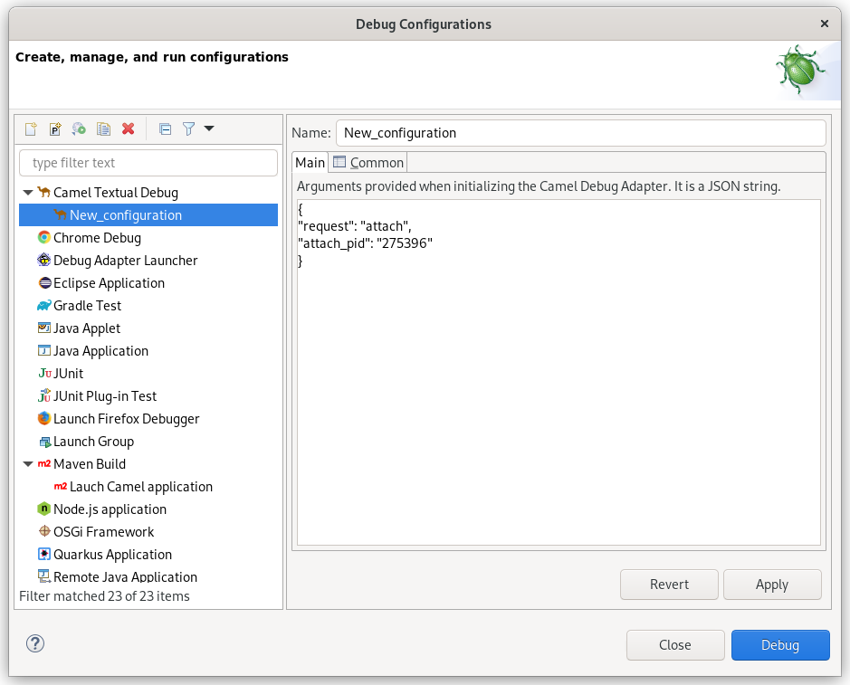 Wizard of Launch Configuration with Camel Textual Debug configuration page in Eclipse Desktop
