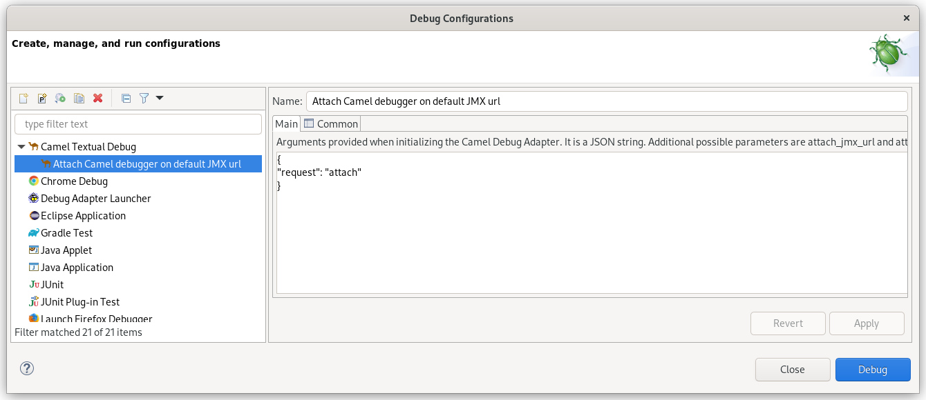 Camel Textual Debug launch configuration with defautl values