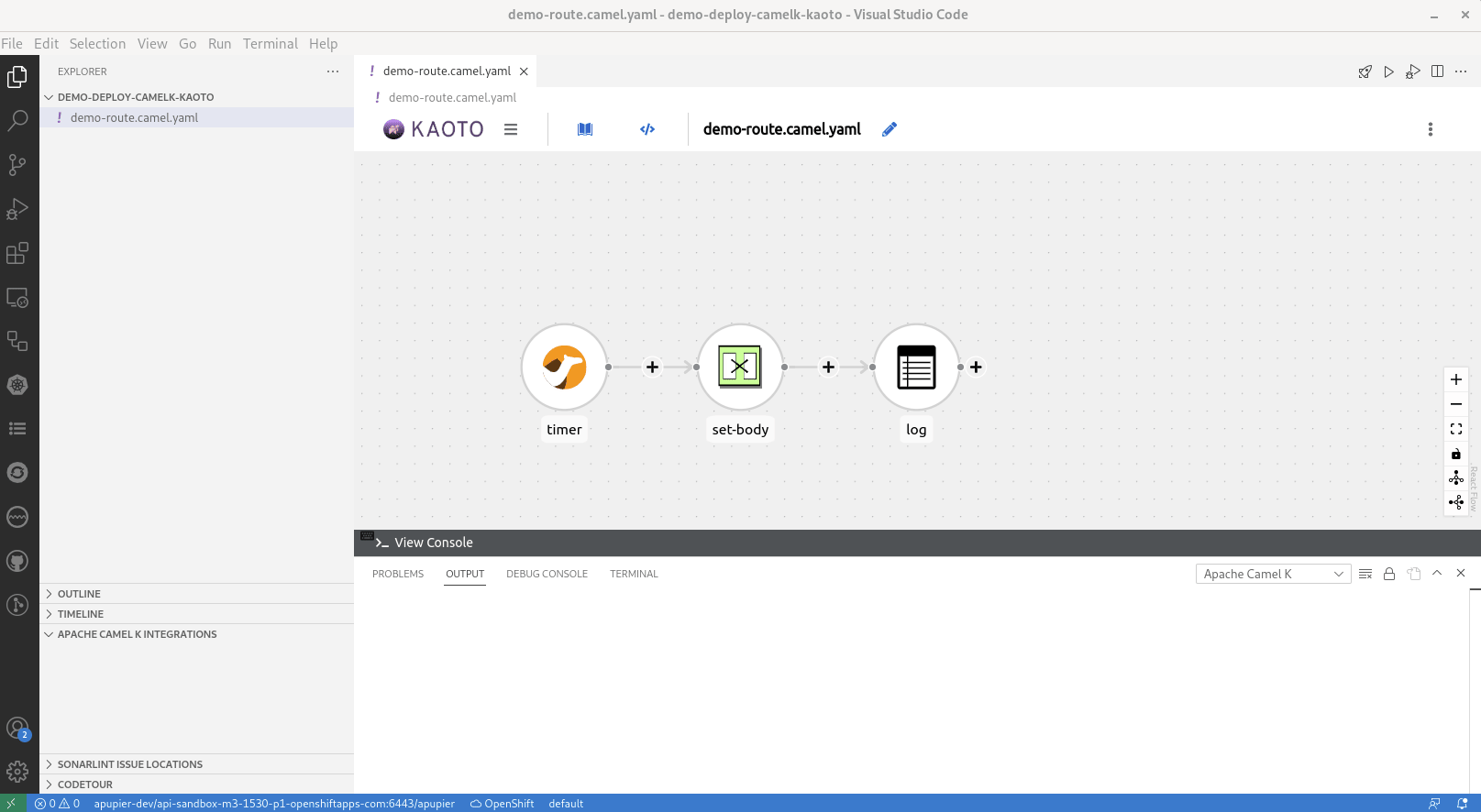 Video showing a Caml route opened with a graphical editor, then clicking on the quick action at the top right of it to deploy on OpenShift. It finishes by opening the log to show that the route has been started and is working.