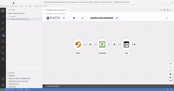 Video showing a VS Code workspace opened with a  Camel route, calling command palette to create a Camel on Quarkus project, then showing that the project is created and the route copied at correct place in the project