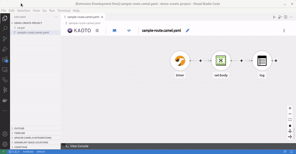 Video showing a VS Code workspace opened with a  Camel route, calling command palette to create a Camel on SpringBoot project, then showing that the project is created and the route copied at correct place in the project