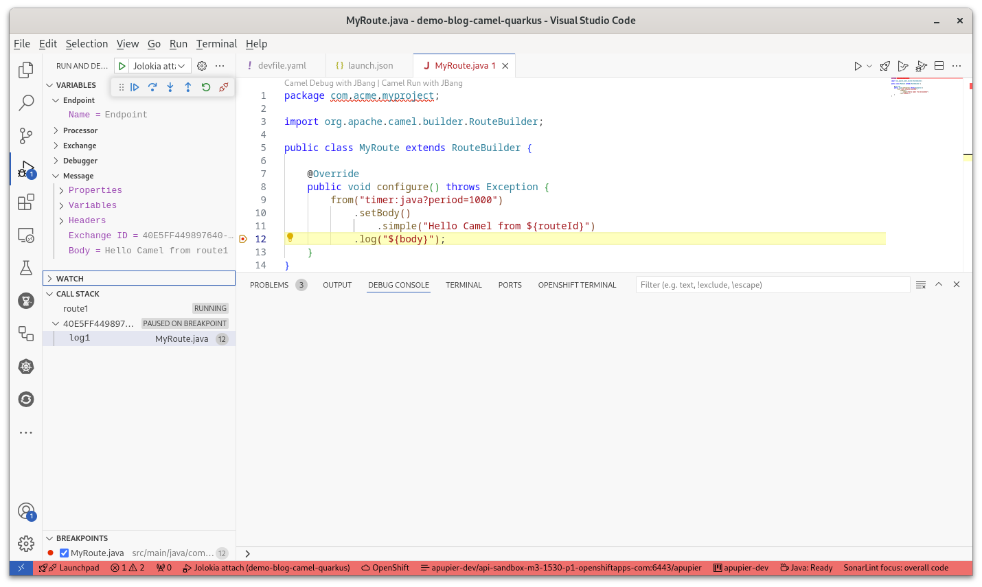 “Breakpoint hit with Camel debugger on log line of the Java route deployed on OpenShift”