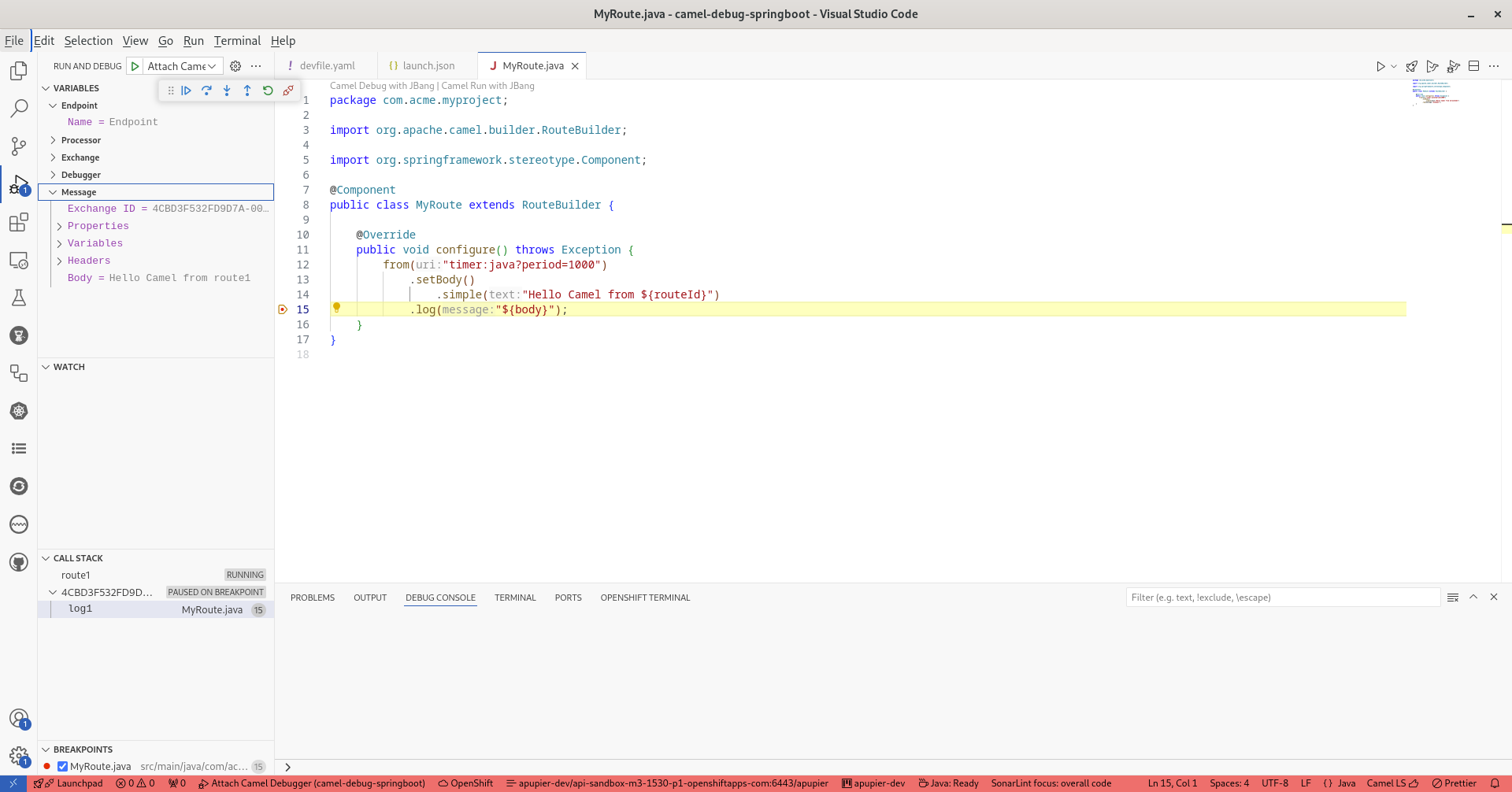 “Breakpoint hit with Camel debugger on log line of the Java route deployed on OpenShift”