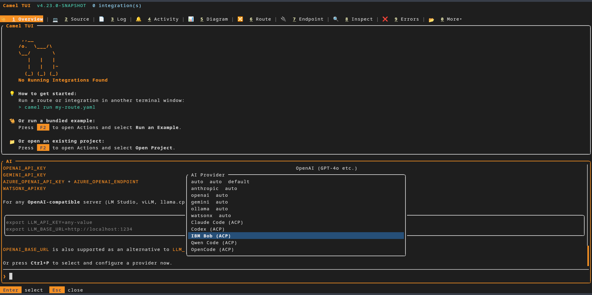 Selecting IBM Bob (ACP) in Camel TUI&rsquo;s AI Provider menu