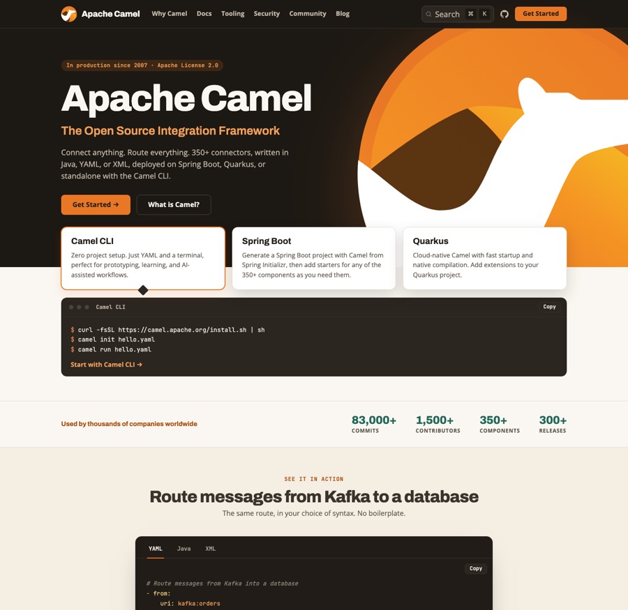 The new front page: what Camel is, three ways to start with the commands to run, the numbers, and one route in three syntaxes