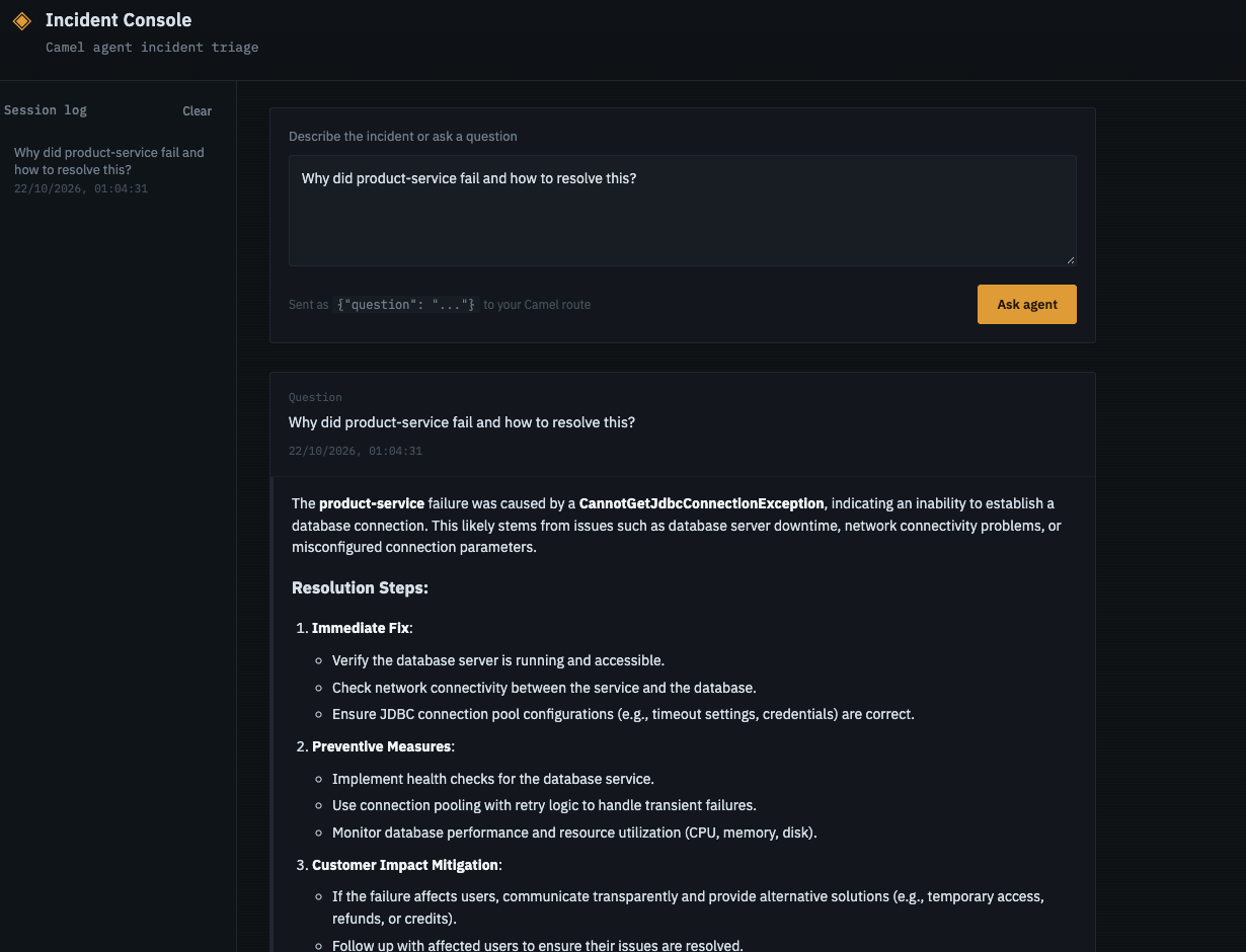 The Incident Console, where a user asks why product-service failed and the Camel agent returns the cause and resolution steps.