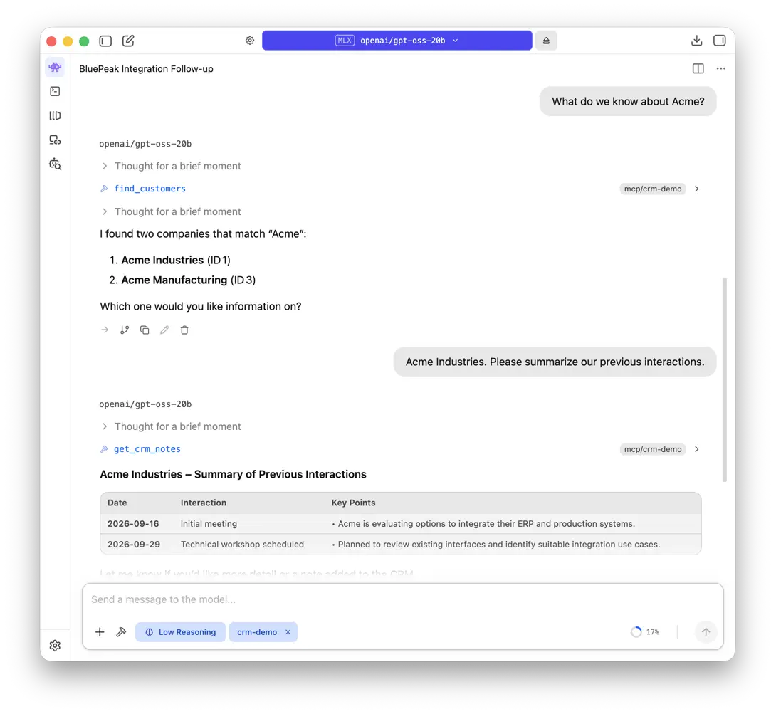 LM Studio finds Acme Industries and Acme Manufacturing, asks which customer was intended, and retrieves Acme Industries&rsquo; CRM interaction history.