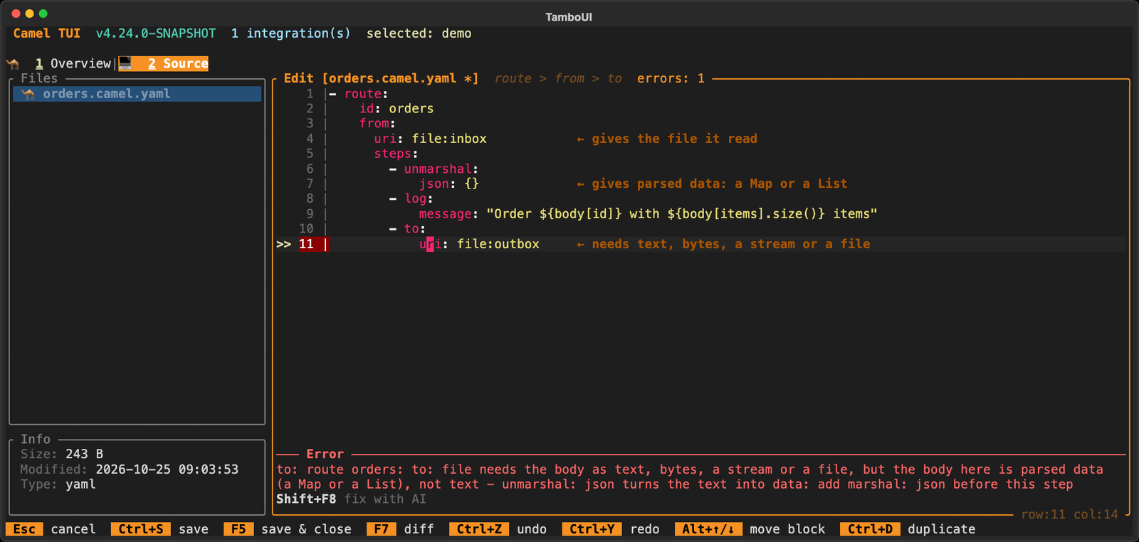 The orders route in the source editor of the Camel CLI: the to line is marked
